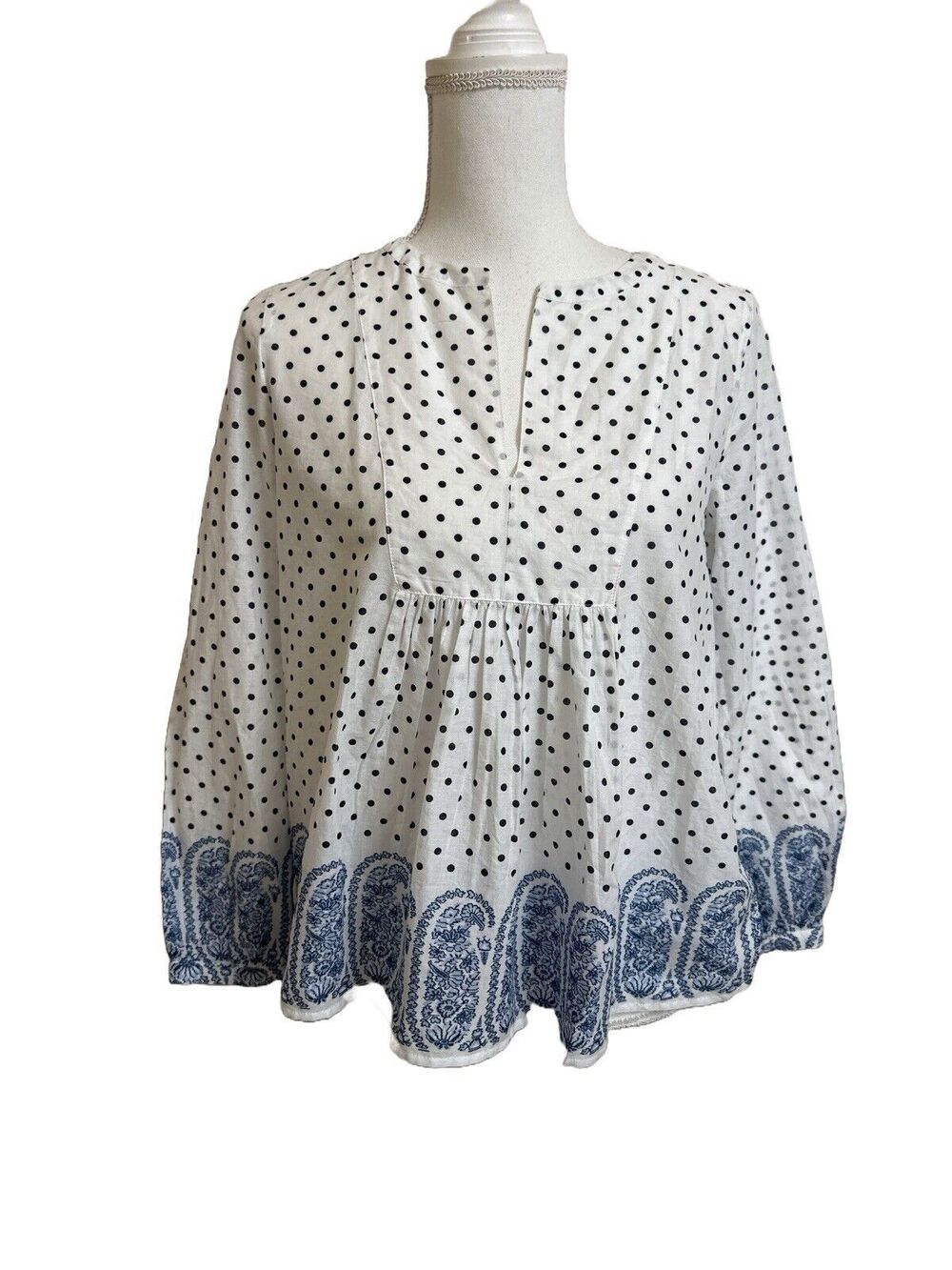 NWT J. Crew Women's 2 Popover Top Polka Dot Paisley Shirt White Blouse Cotton